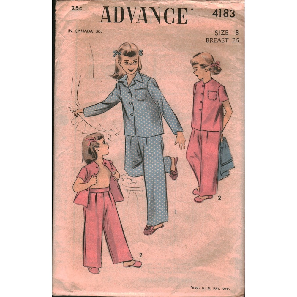 Vintage Advance 4183 Girls Pajamas Sewing Pattern Size 8 Breast 26 Coat Trousers